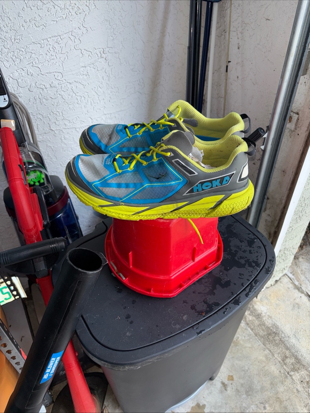 Hoka 1 Blue and Lime Trail Running Sneakers